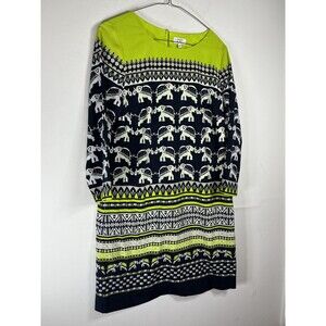 Crown & Ivy Dress Womens 4 Navy Neon Green Elephant Print Shift 3/4 Sleeve